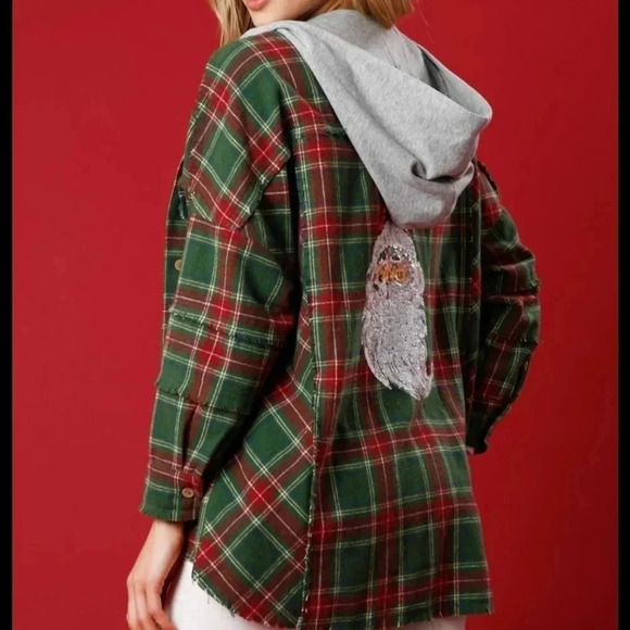 NEW Plaid Shacket Hoodie with Sequin Santa on Back - Picture 2 of 9